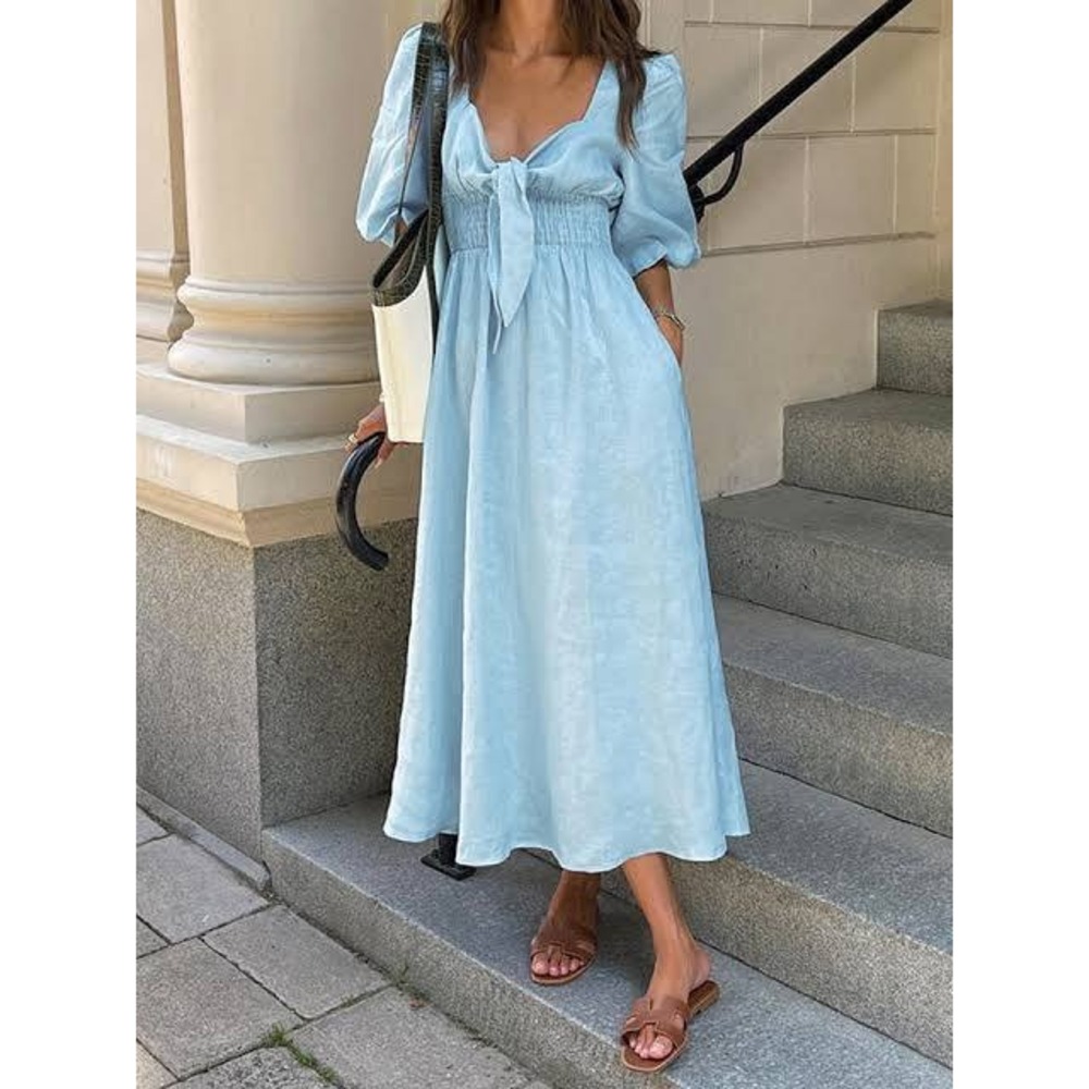 Commense Light Blue Tie Front Smocked Midi Dress Puff Sleeve NEW